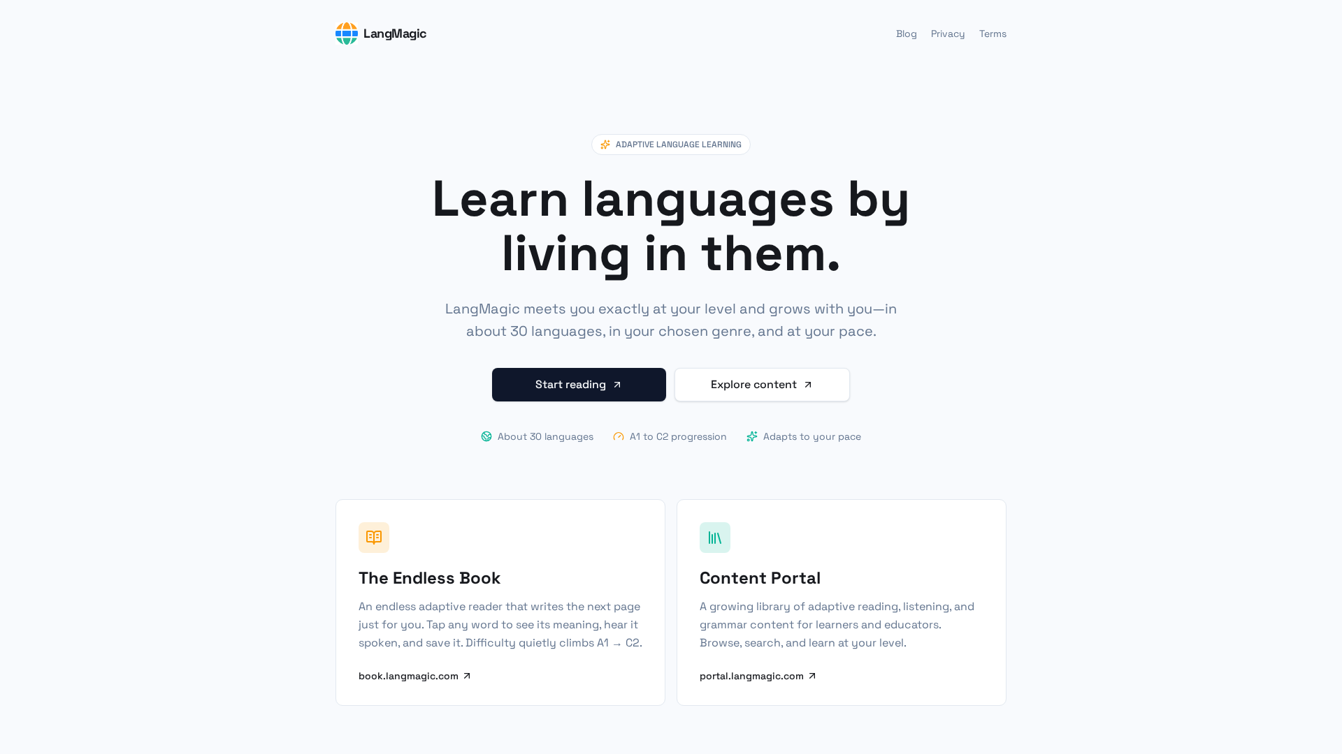 Screenshot of LangMagic, An adaptive language reader that writes your next page on the fly